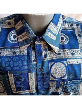 Thailand XL Vintage Men's Silk Shirt Blue White Geometric Print Short Sleeve